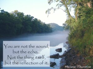 A calm body of water surrounded by trees. Text: You are not the sound, but the echo. Not the thing itself, but the reflection of it.