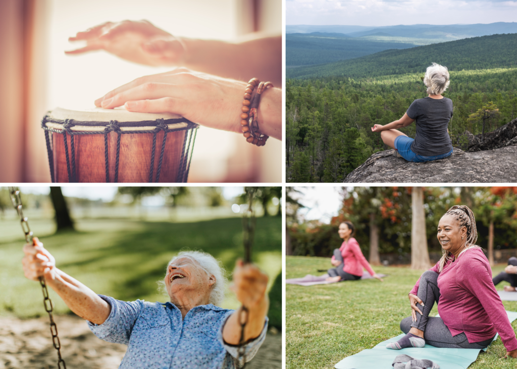A collage of 4 photos: Hands drumming, woman meditating on mountain, woman swinging, women doing tai chi in park