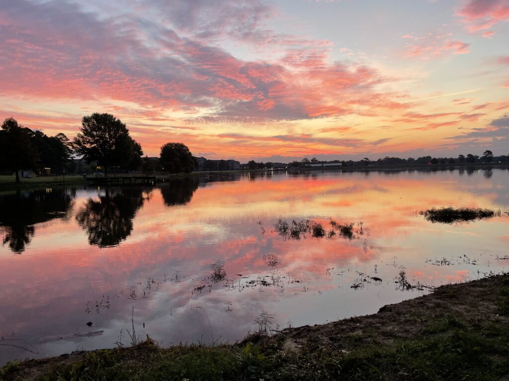 A sky with pink, purple and orange clouds reflect in a body of water below. Silhouettes of trees like the shore on the opposite site of the water.