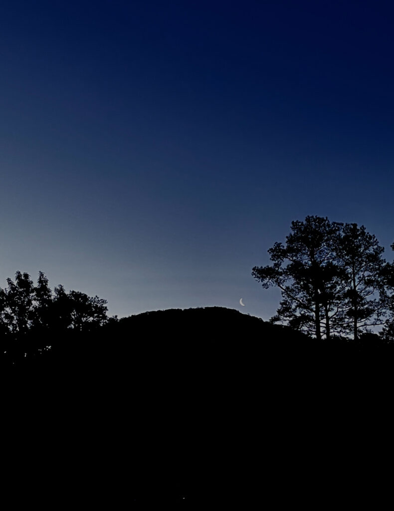 A sliver of a moon rests above the top of a mountain silhouetted by a deep blue sky. Silhouettes of trees are on both sides of the mountain.